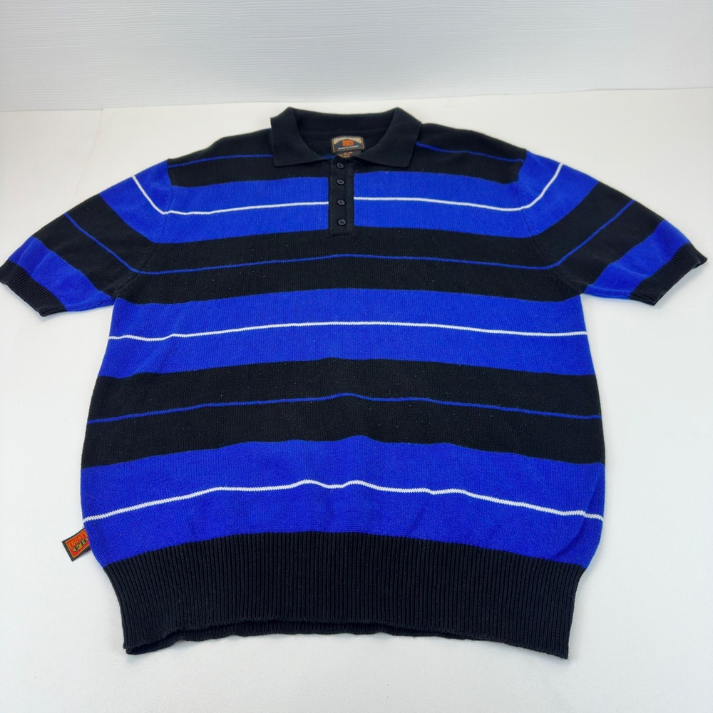 FB County Mens 2XL Blue Black Striped Short Sleeve Knit Polo Shirt OG Streetwear